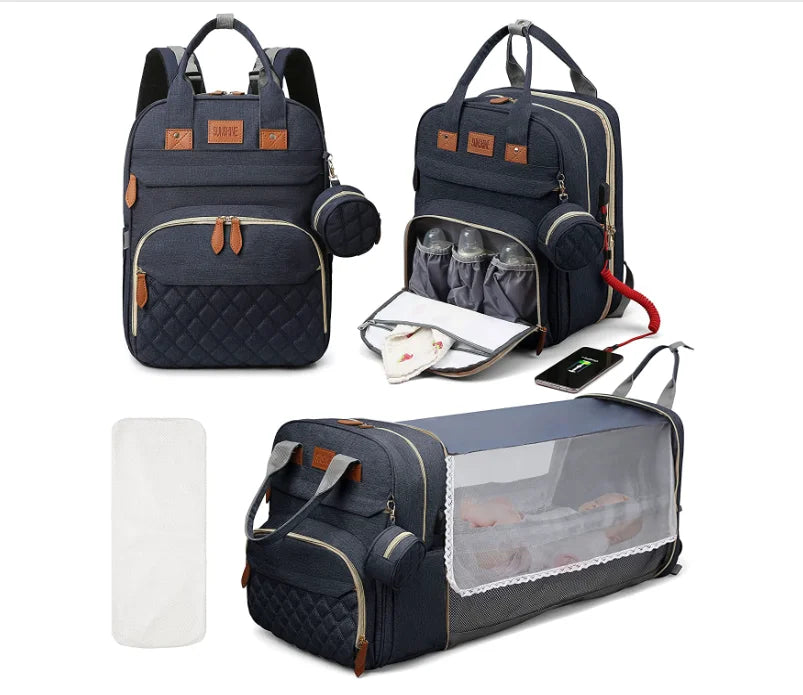 3 In 1 Diaper Bag - Travel Bag with USB Charge - with Changing Bed