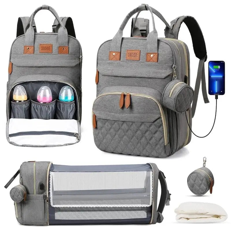3 In 1 Diaper Bag - Travel Bag with USB Charge - with Changing Bed