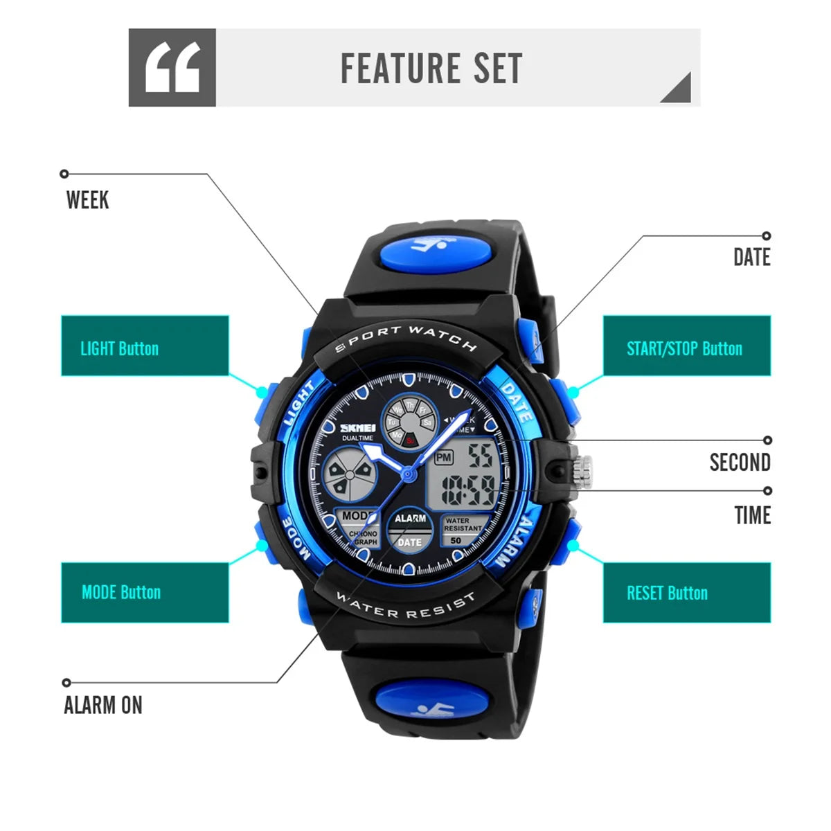 Waterproof Chrono Alarm Children Wristwatch For Boys Girls
