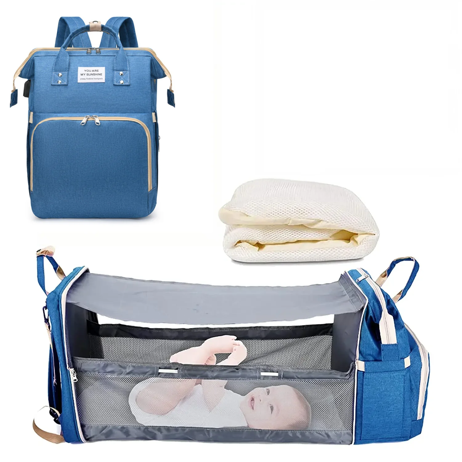 3 In 1 Diaper Bag - Travel Bag with USB Charge - with Changing Bed