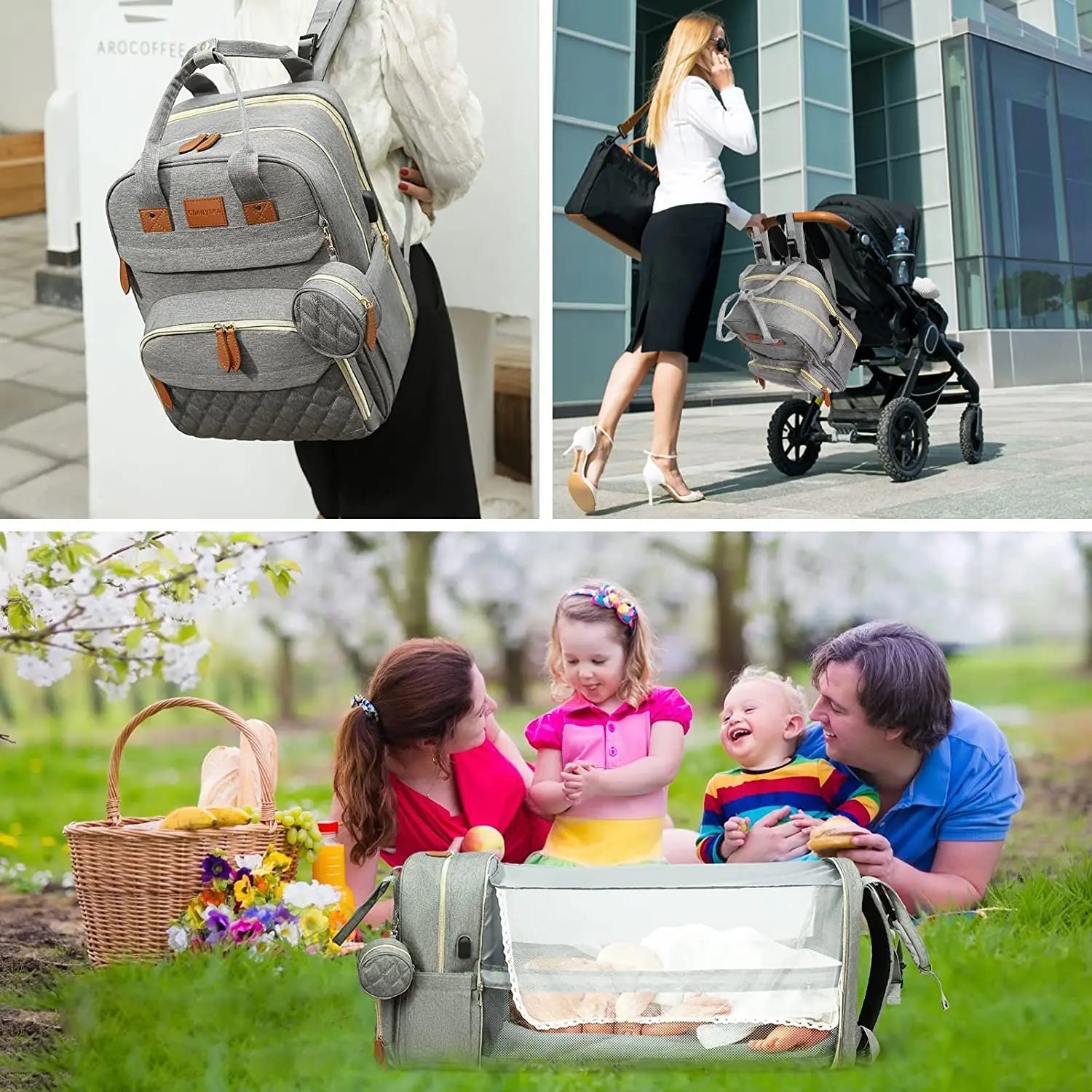 3 In 1 Diaper Bag - Travel Bag with USB Charge - with Changing Bed