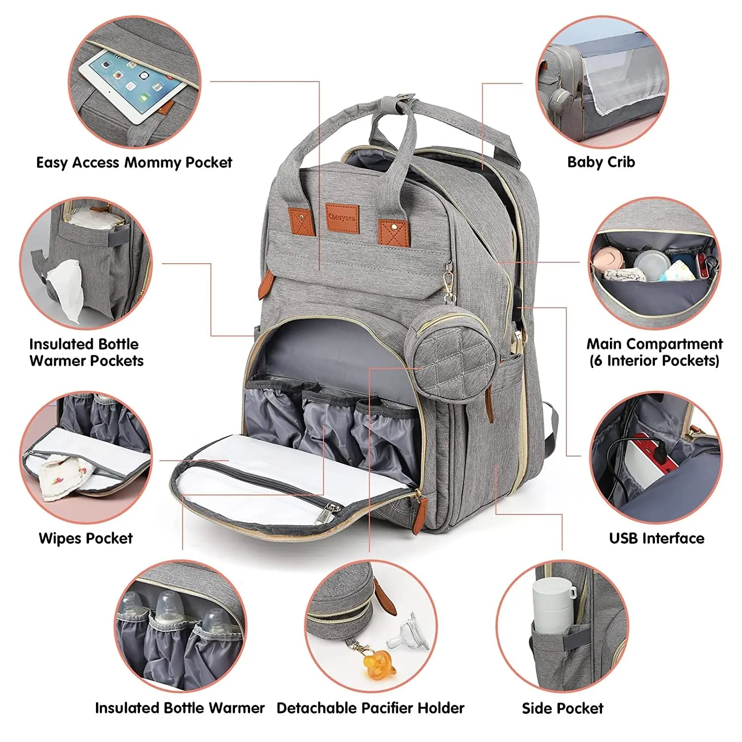 3 In 1 Diaper Bag - Travel Bag with USB Charge - with Changing Bed