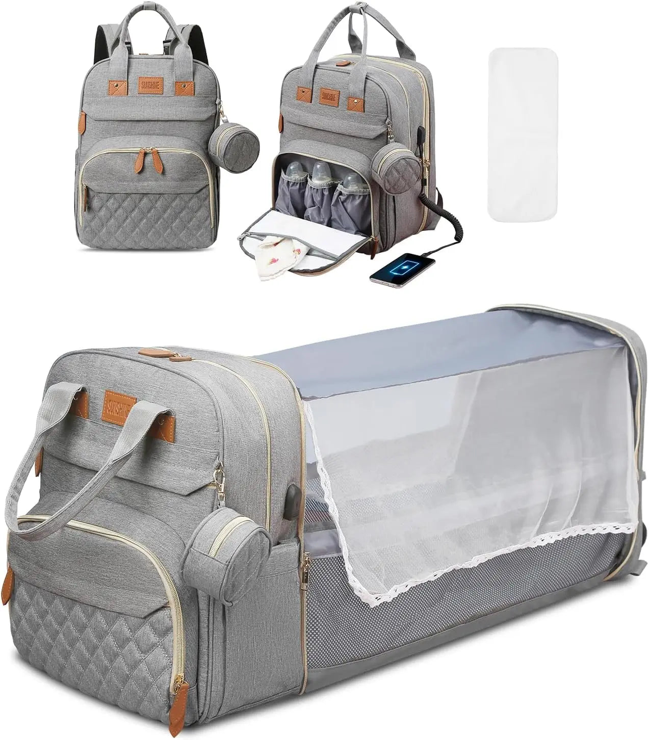 3 In 1 Diaper Bag - Travel Bag with USB Charge - with Changing Bed