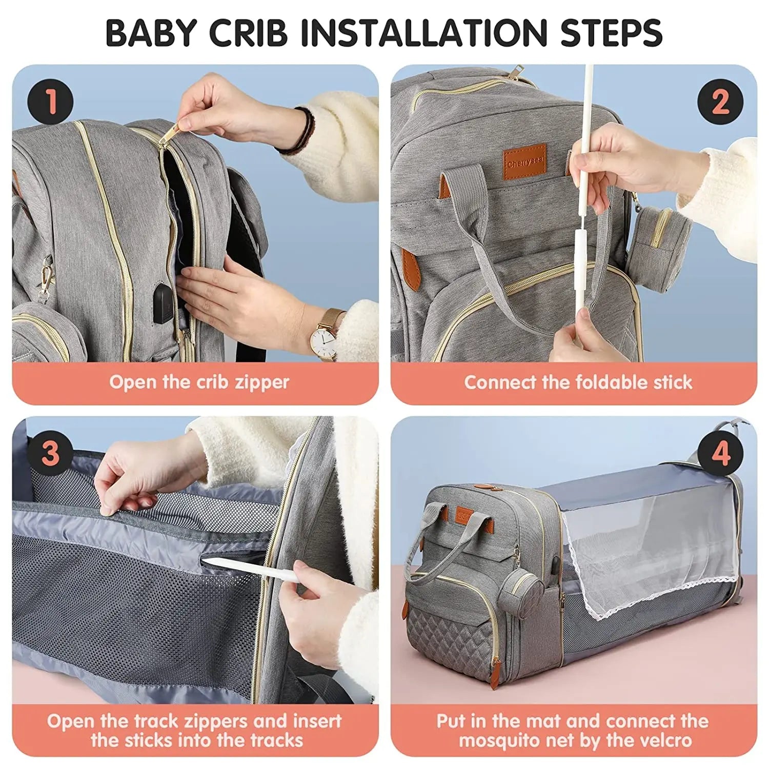 3 In 1 Diaper Bag - Travel Bag with USB Charge - with Changing Bed
