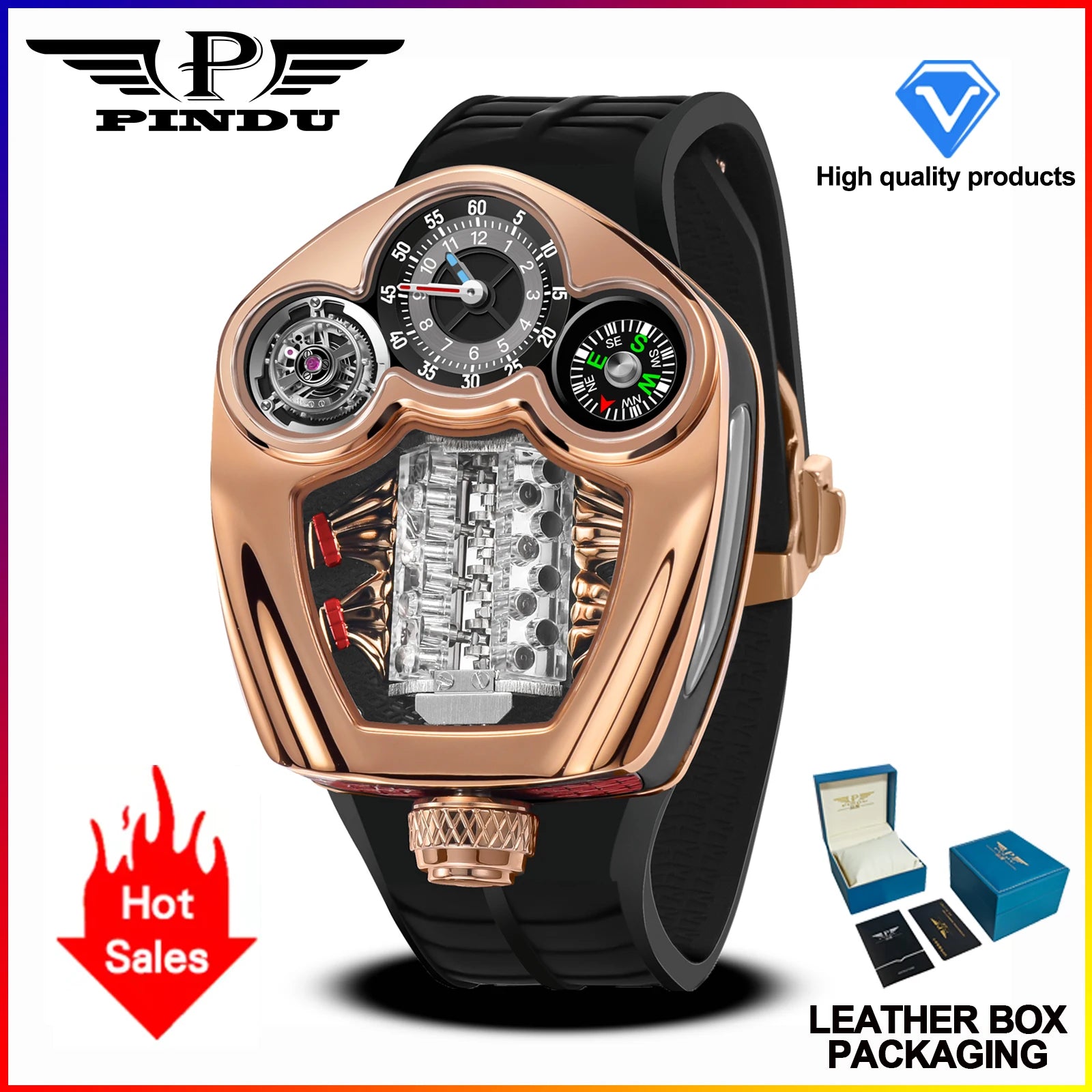 TOP-luxurious Stainless steel Compass Waterproof Swiss quartz 762 movement watch
