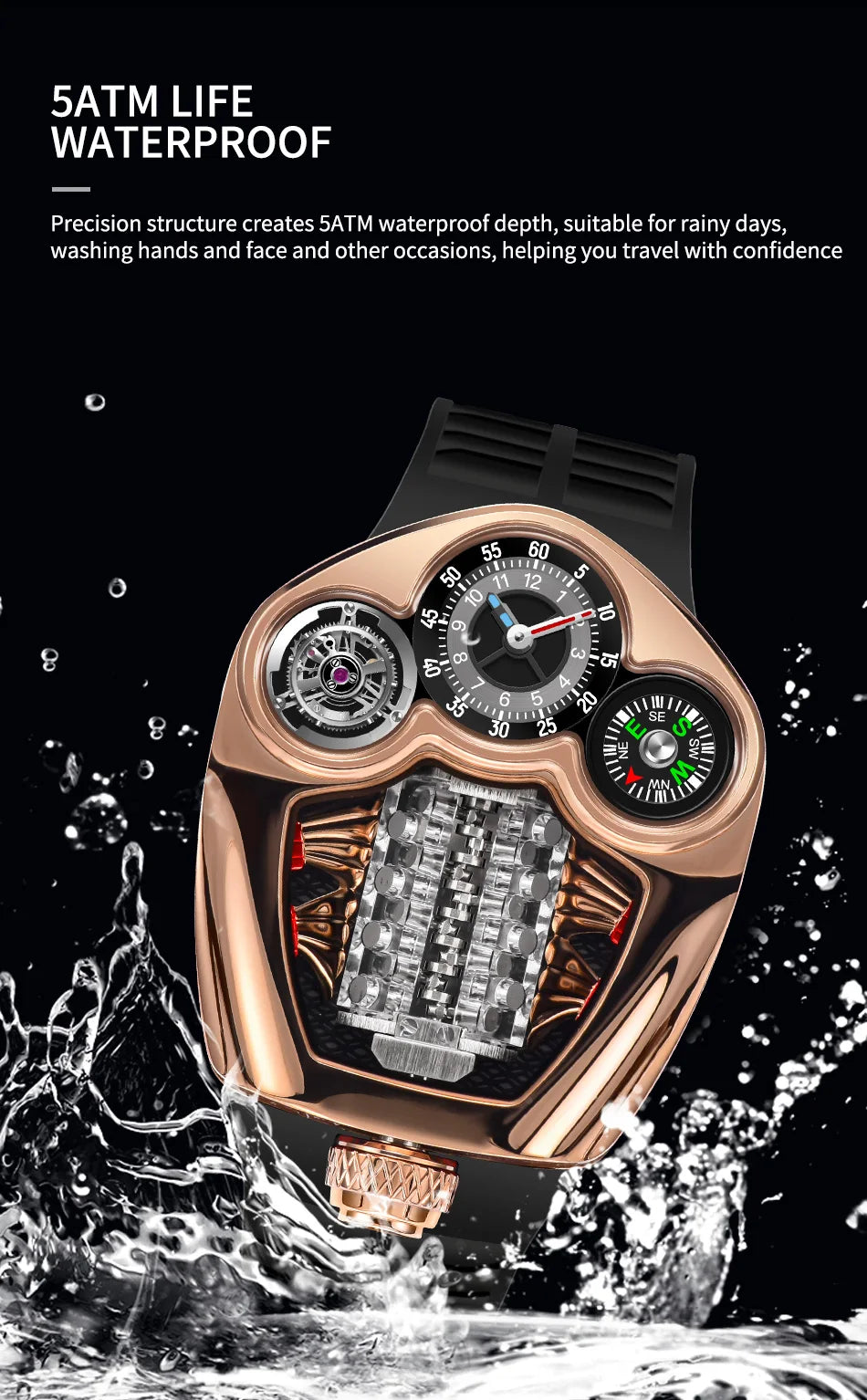 TOP-luxurious Stainless steel Compass Waterproof Swiss quartz 762 movement watch