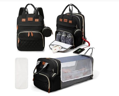 3 In 1 Diaper Bag - Travel Bag with USB Charge - with Changing Bed