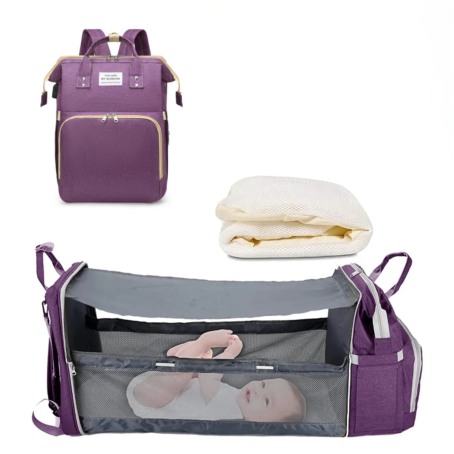 3 In 1 Diaper Bag - Travel Bag with USB Charge - with Changing Bed