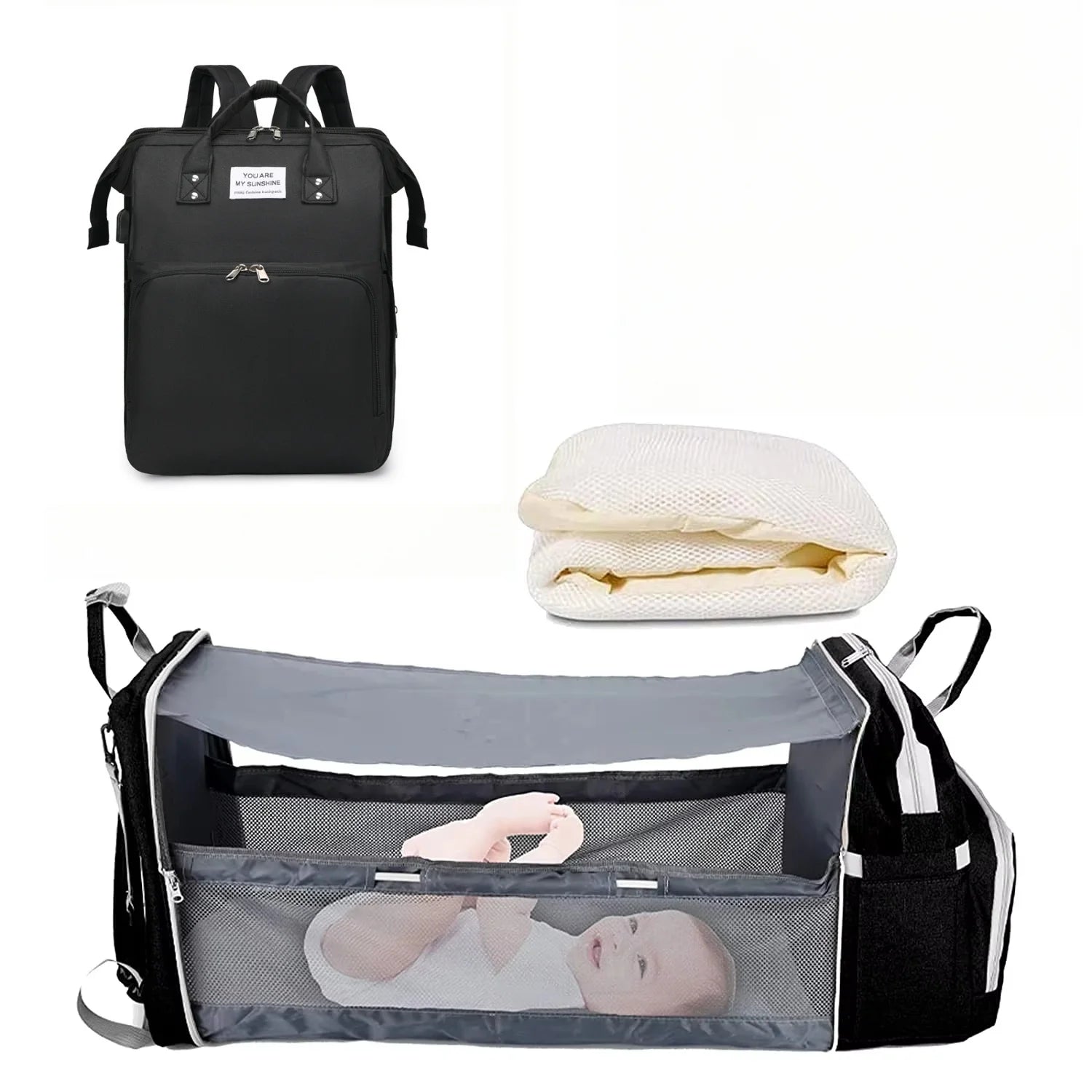 3 In 1 Diaper Bag - Travel Bag with USB Charge - with Changing Bed
