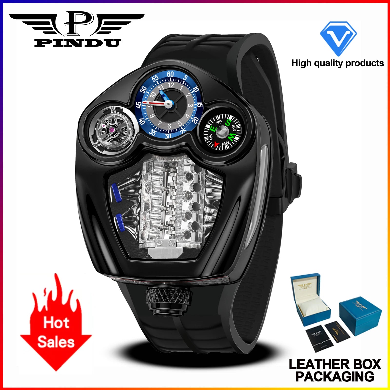 TOP-luxurious Stainless steel Compass Waterproof Swiss quartz 762 movement watch