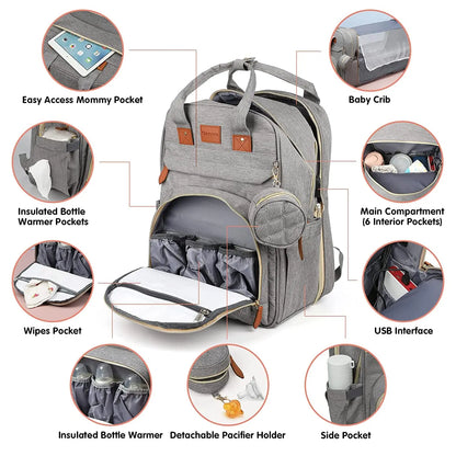 3 In 1 Diaper Bag - Travel Bag with USB Charge - with Changing Bed